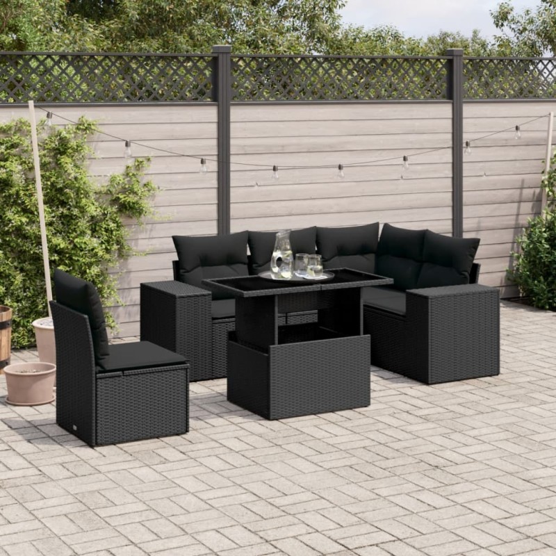 vidaXL Set de sofás de jardín 6 piezas y cojines ratán sintético negro