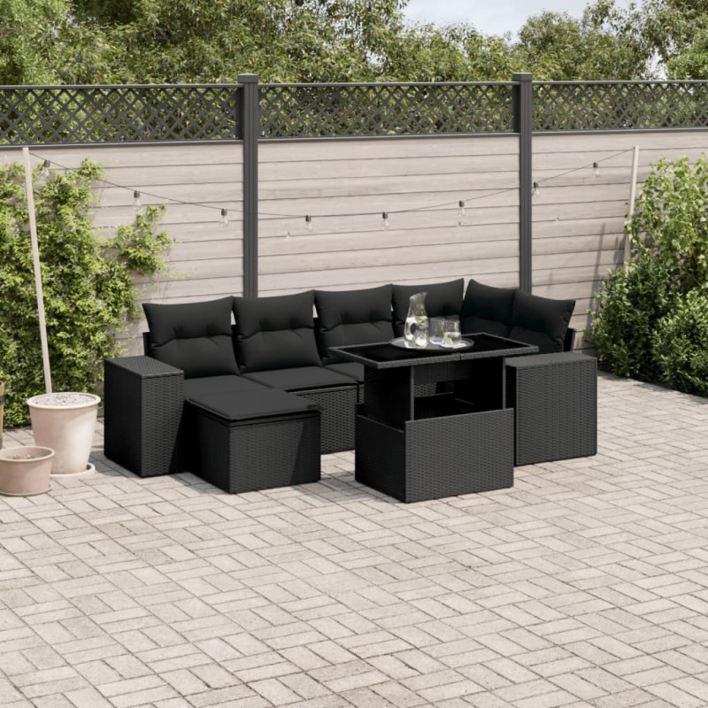 vidaXL Set de sofás de jardín 7 pzas con cojines ratán sintético negro vidaXL Set de sofás de jardín 7 pzas con cojines ratán sintético negro