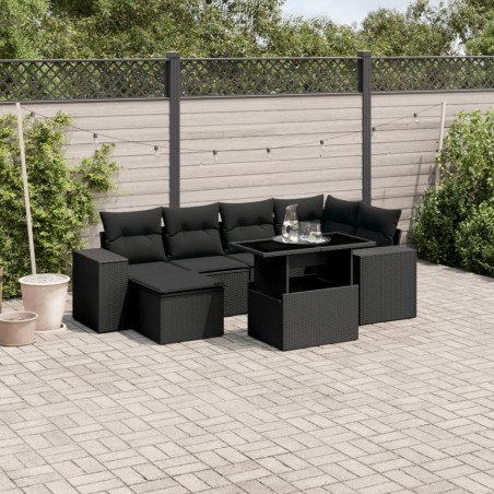 vidaXL Set de sofás de jardín 7 pzas con cojines ratán sintético negro