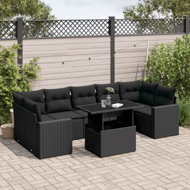 vidaXL Set de sofás de jardín 8 piezas y cojines ratán sintético negro vidaXL Set de sofás de jardín 8 piezas y cojines ratán sintético negro