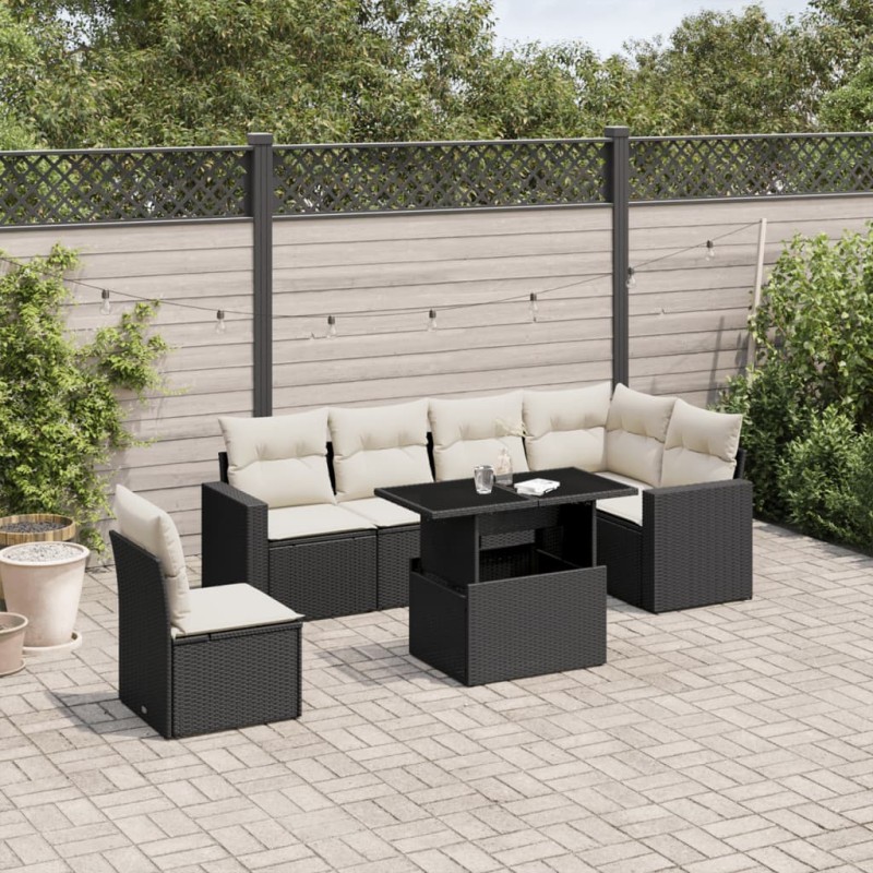 vidaXL Set de sofás de jardín 7 pzas con cojines ratán sintético negro vidaXL Set de sofás de jardín 7 pzas con cojines ratán sintético negro