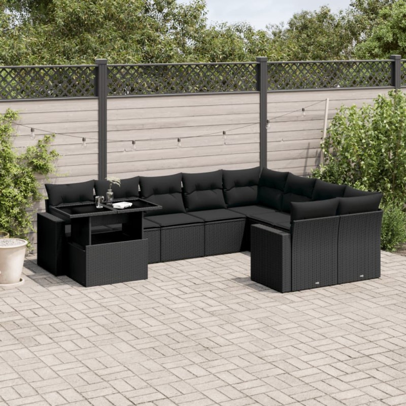 vidaXL Set de sofás de jardín 10 pzas cojines ratán sintético negro