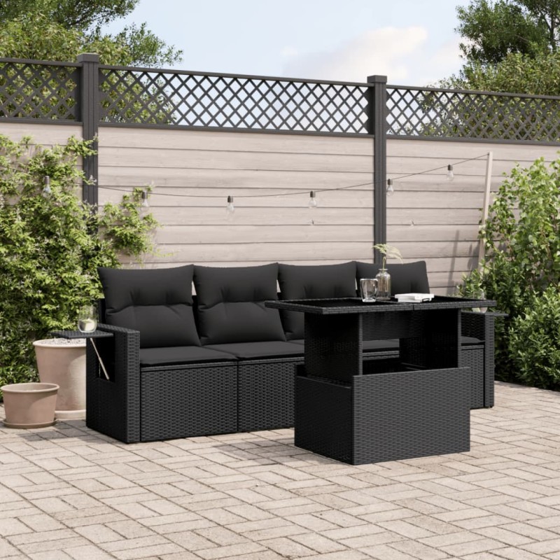 vidaXL Set de muebles de jardín 5 pzas y cojines ratán sintético negro vidaXL Set de muebles de jardín 5 pzas y cojines ratán sintético negro