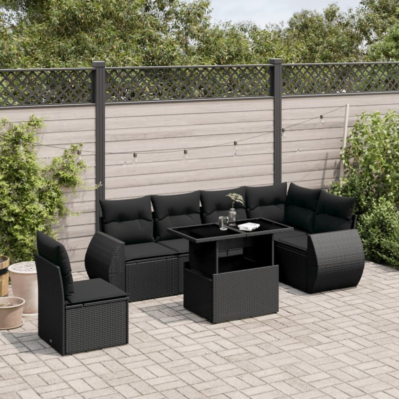 vidaXL Set de sofás de jardín 7 pzas con cojines ratán sintético negro vidaXL Set de sofás de jardín 7 pzas con cojines ratán sintético negro