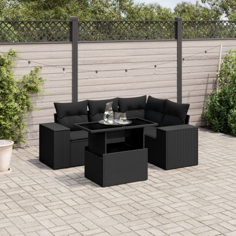 vidaXL Set de muebles de jardín 5 pzas y cojines ratán sintético negro vidaXL Set de muebles de jardín 5 pzas y cojines ratán sintético negro