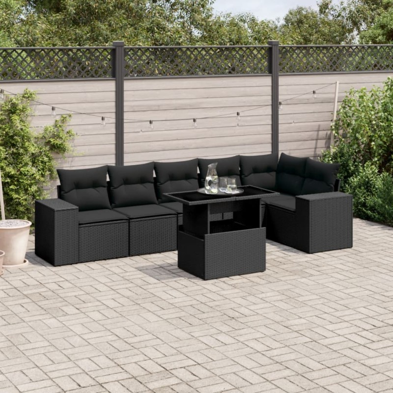 vidaXL Set de sofás de jardín 7 pzas con cojines ratán sintético negro vidaXL Set de sofás de jardín 7 pzas con cojines ratán sintético negro