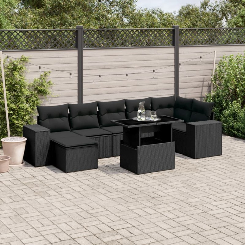 vidaXL Set de sofás de jardín 8 piezas y cojines ratán sintético negro vidaXL Set de sofás de jardín 8 piezas y cojines ratán sintético negro