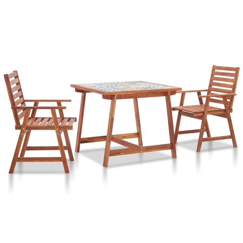 vidaXL Set de comedor jardín 3 pzas madera acacia mosaico azulejos