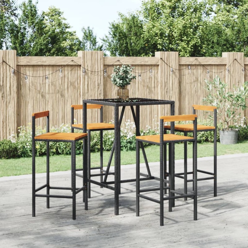 vidaXL Mesa bar y taburetes jardín 5 pzas madera acacia ratán PE negro vidaXL Mesa bar y taburetes jardín 5 pzas madera acacia ratán PE negro