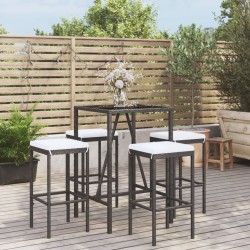 vidaXL Mesa y taburetes altos jardín 5 pzas y cojines ratán PE negro