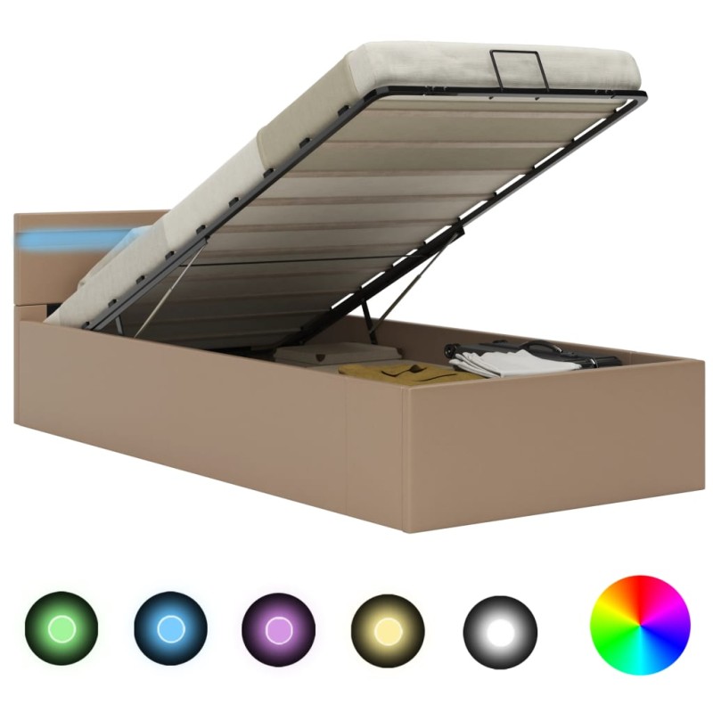 vidaXL Cama canapé hidráulica LED cuero sintético capuchino 100x200 cm vidaXL Cama canapé hidráulica LED cuero sintético capuchino 100x200 cm