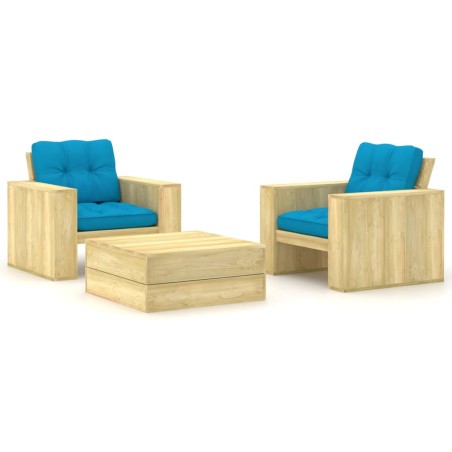 vidaXL Set muebles de jardín y cojines 3 pzas madera pino impregnada