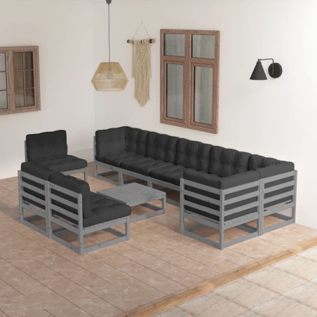 vidaXL Juego de muebles de jardín 10 pzas y cojines madera maciza pino