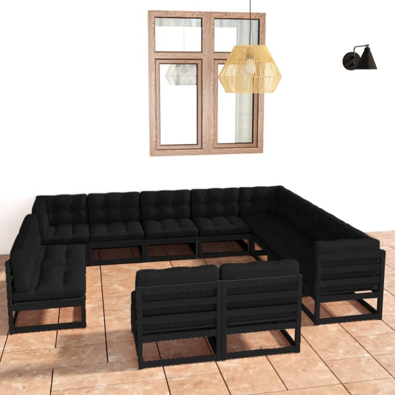 vidaXL Set de muebles de jardín 12 pzas con cojines madera pino negro