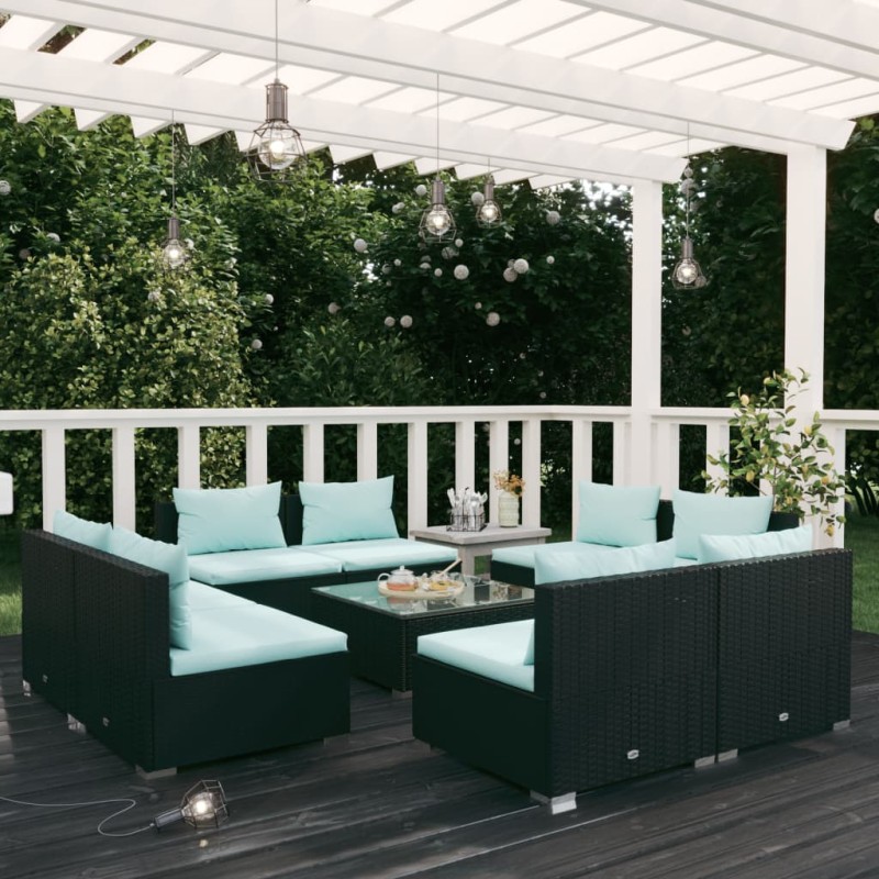 vidaXL Set de muebles de jardín 9 pzas y cojines ratán sintético negro vidaXL Set de muebles de jardín 9 pzas y cojines ratán sintético negro