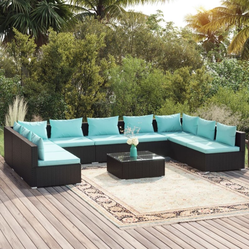 vidaXL Set de muebles de jardín 10 pzas cojines ratán sintético negro vidaXL Set de muebles de jardín 10 pzas cojines ratán sintético negro