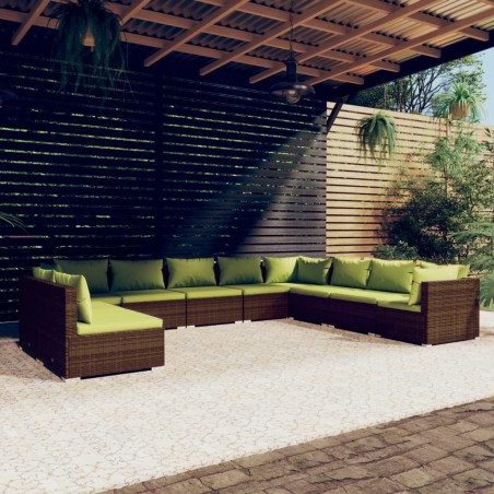 vidaXL Set muebles de jardín 10 pzas y cojines ratán sintético marrón