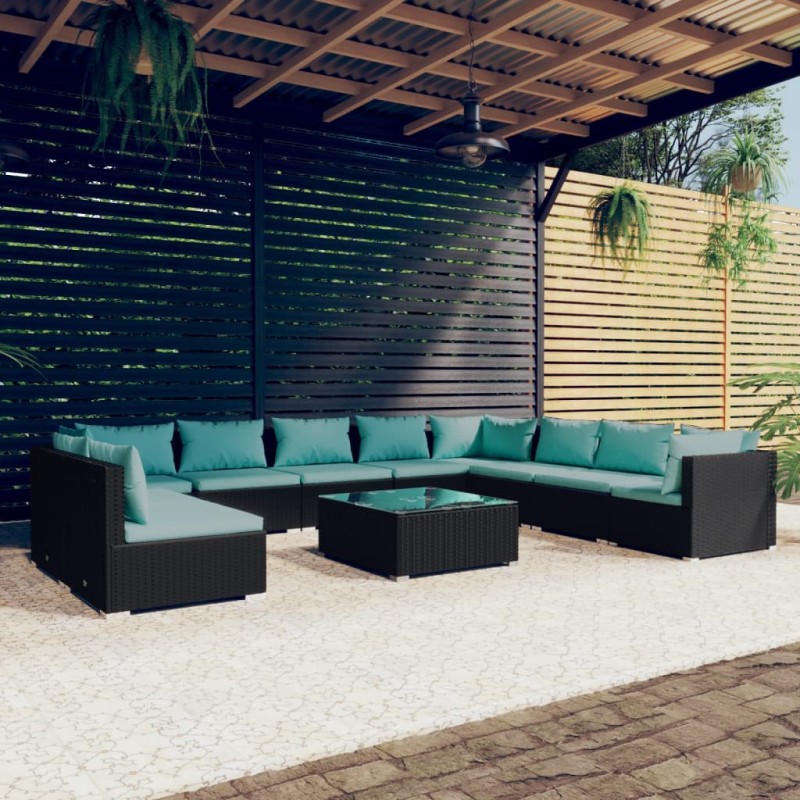 vidaXL Set muebles de jardín 11 pzas y cojines ratán sintético negro vidaXL Set muebles de jardín 11 pzas y cojines ratán sintético negro
