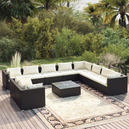vidaXL Set muebles de jardín 11 pzas y cojines ratán sintético negro