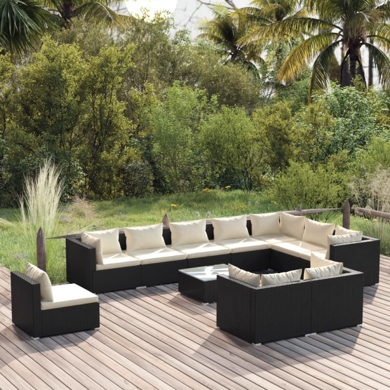 vidaXL Set de muebles de jardín 11 pzs y cojines ratán sintético negro vidaXL Set de muebles de jardín 11 pzs y cojines ratán sintético negro