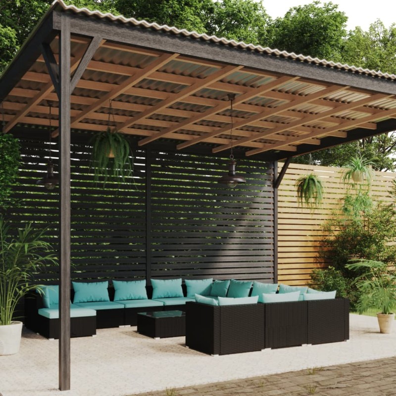 vidaXL Set de muebles de jardín 12 pzas cojines ratán sintético negro