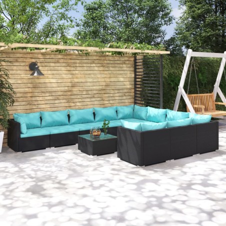 vidaXL Set de muebles de jardín 11 pzas cojines ratán sintético negro