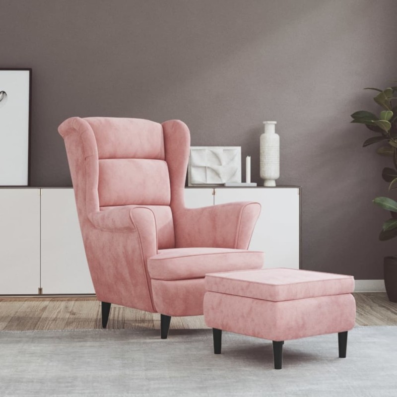 vidaXL Sillón orejero y taburete de terciopelo rosa vidaXL Sillón orejero y taburete de terciopelo rosa