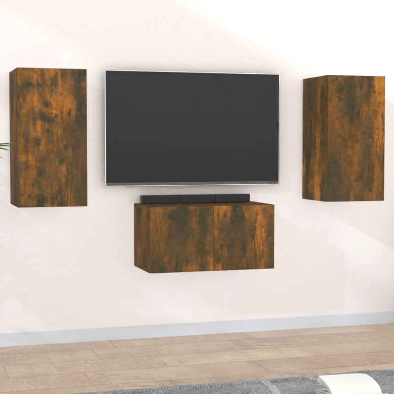 vidaXL Set de muebles de TV 3 pzas madera contrachapada roble ahumado vidaXL Set de muebles de TV 3 pzas madera contrachapada roble ahumado