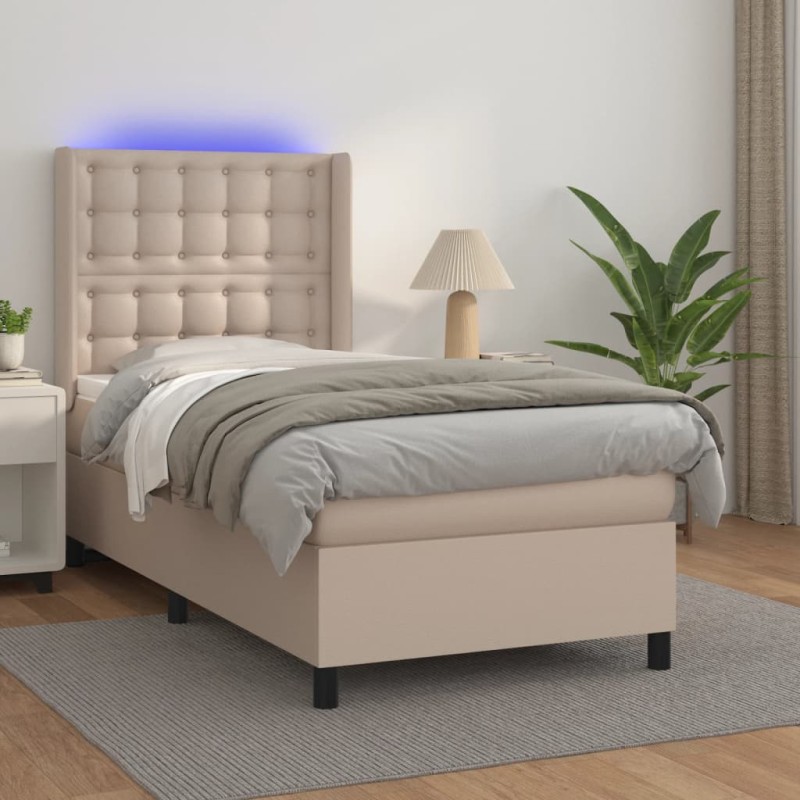 vidaXL Cama box spring colchón LED cuero sintético capuchino 90x190 cm vidaXL Cama box spring colchón LED cuero sintético capuchino 90x190 cm