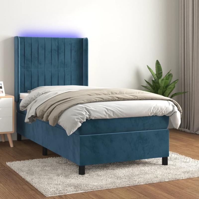 vidaXL Cama box spring colchón y LED terciopelo azul oscuro 90x190 cm vidaXL Cama box spring colchón y LED terciopelo azul oscuro 90x190 cm