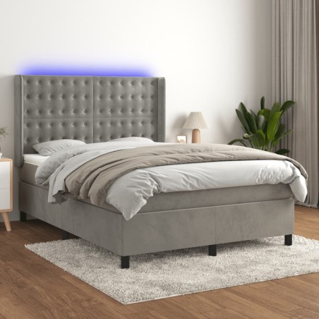 vidaXL Cama box spring colchón y LED terciopelo gris claro 140x200 cm