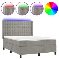 vidaXL Cama box spring colchón y LED terciopelo gris claro 140x200 cm