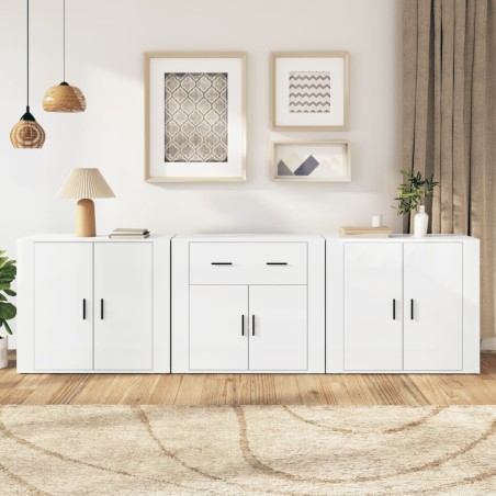 vidaXL Aparadores 3 uds madera contrachapada blanco brillo