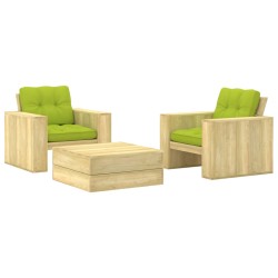 vidaXL Set muebles de jardín y cojines 3 pzas madera pino impregnada