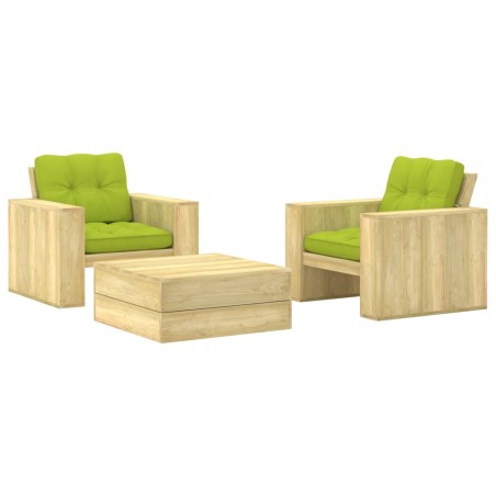 vidaXL Set muebles de jardín y cojines 3 pzas madera pino impregnada