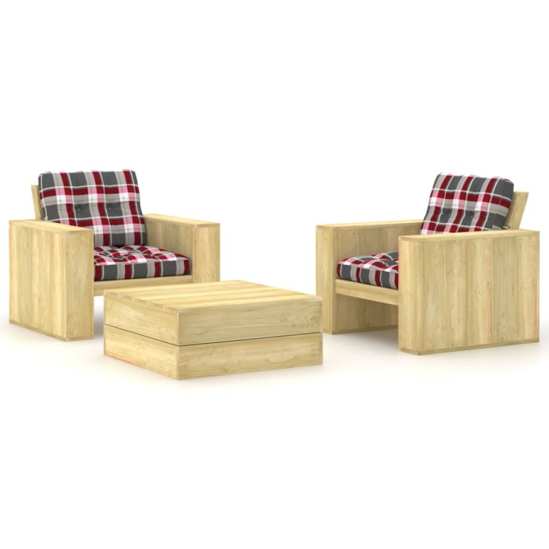 vidaXL Set muebles de jardín y cojines 3 pzas madera pino impregnada