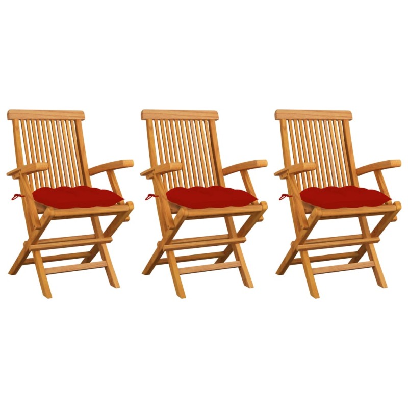 vidaXL Sillas de jardín 3 uds madera maciza de teca con cojines rojos vidaXL Sillas de jardín 3 uds madera maciza de teca con cojines rojos