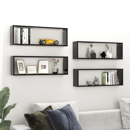 vidaXL Estantes cubo de pared 4 uds contrachapado negro 80x15x26,5 cm