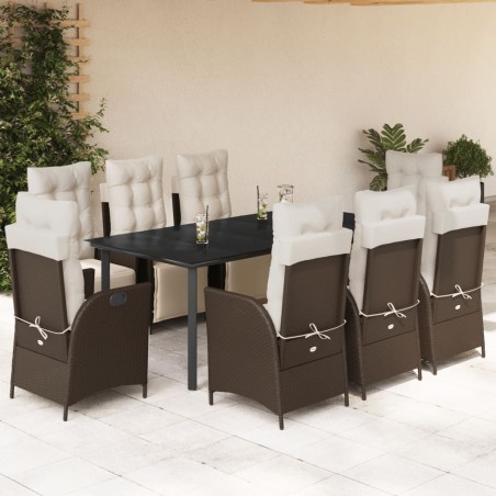 vidaXL Set comedor para jardín 9 pzas y cojines ratán sintético marrón