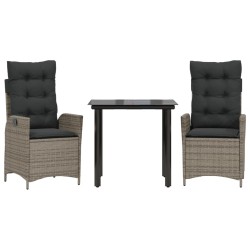vidaXL Set comedor de jardín 3 piezas con cojines ratán sintético gris