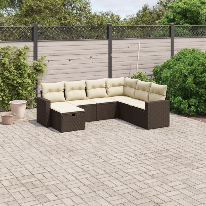 vidaXL Juego de sofás de jardín 7 piezas con cojines ratán PE marrón vidaXL Juego de sofás de jardín 7 piezas con cojines ratán PE marrón