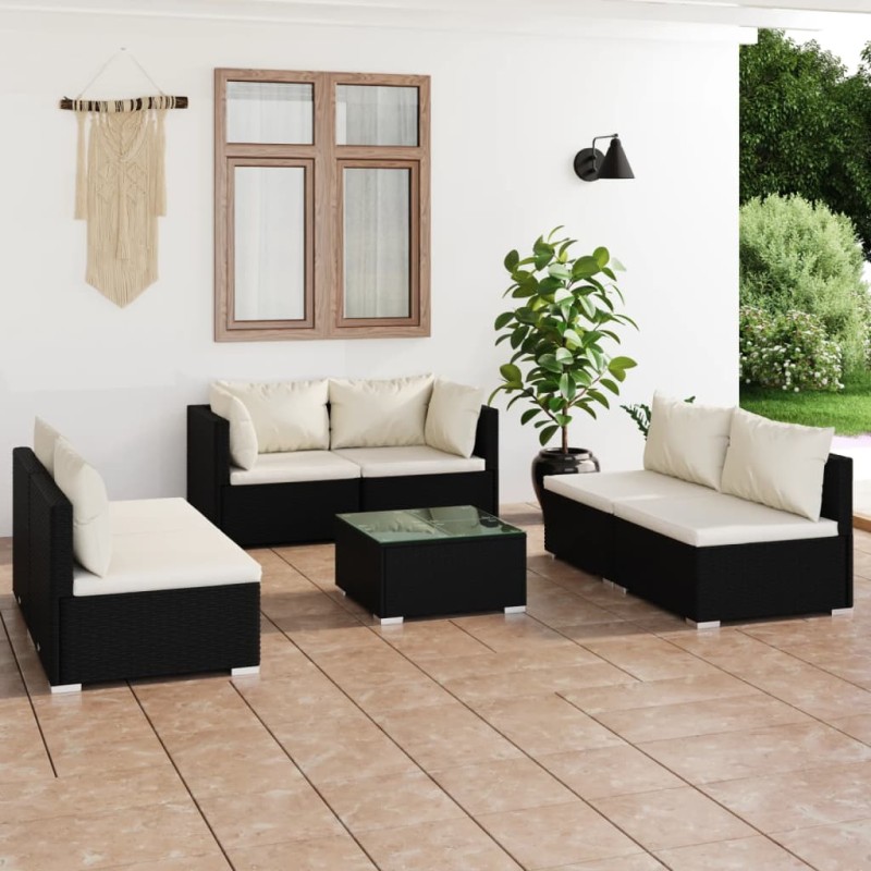 vidaXL Set de muebles de jardín 7 pzas y cojines ratán sintético negro vidaXL Set de muebles de jardín 7 pzas y cojines ratán sintético negro