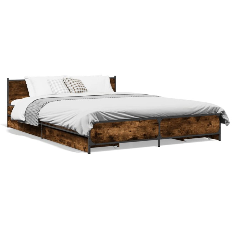 vidaXL Cama con cajones madera de ingeniería roble ahumado 140x200 cm vidaXL Cama con cajones madera de ingeniería roble ahumado 140x200 cm