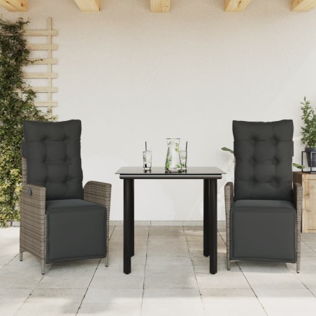 vidaXL Set comedor de jardín 3 piezas con cojines ratán sintético gris