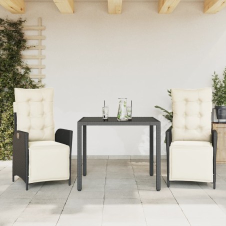 vidaXL Set comedor de jardín 3 pzas con cojines ratán sintético negro