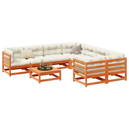 vidaXL Set de sofás jardín 9 pzas con cojines madera pino marrón cera