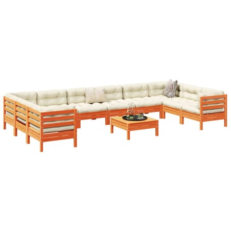 vidaXL Set de sofás jardín 11 pzas con cojines madera pino marrón cera