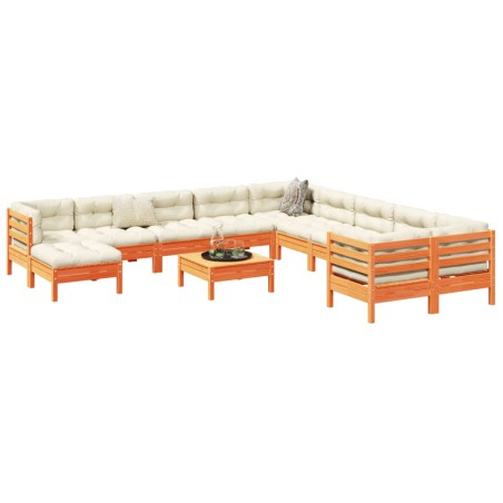 vidaXL Set de sofás jardín 12 pzas con cojines madera pino marrón cera