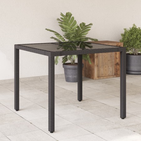vidaXL Mesa de jardín superficie de vidrio ratán PE negro 90x90x75 cm