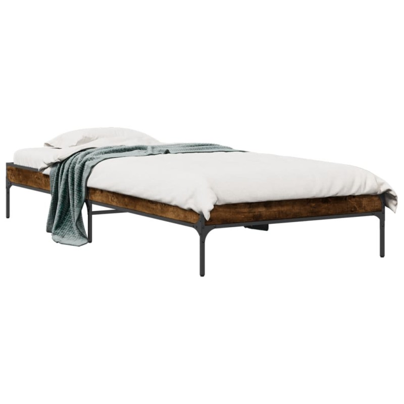 vidaXL Estructura cama madera ingeniería metal roble ahumado 90x200 cm vidaXL Estructura cama madera ingeniería metal roble ahumado 90x200 cm